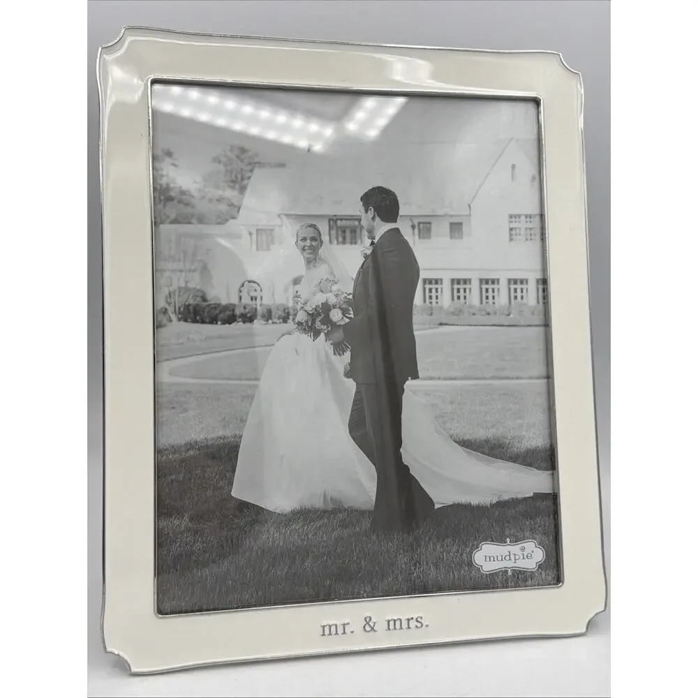Mud Pie Frame Wedding White Metal 8X10 Picture Enamel Mr. & Mrs. Classic NEW